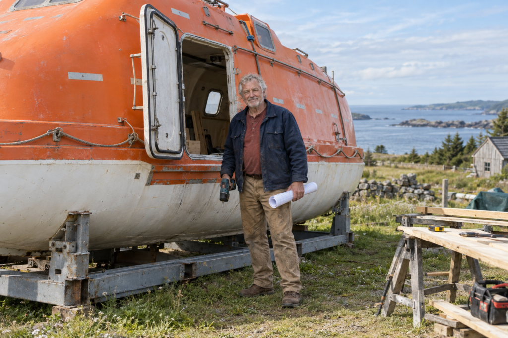Elias Ward beside the retired rescue lifeboat at the start of construction