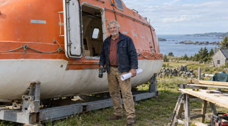 Elias Ward beside the retired rescue lifeboat at the start of construction