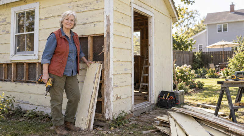 June Harper beside the rejected shed she bought for $500