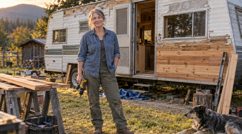 Mara Ellis beside the worn travel trailer during renovation