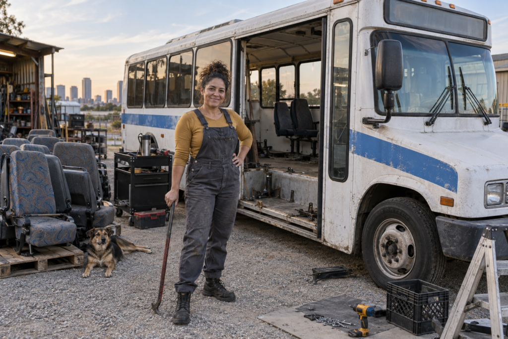 Nina Torres beside the worn airport shuttle at the start of its conversion