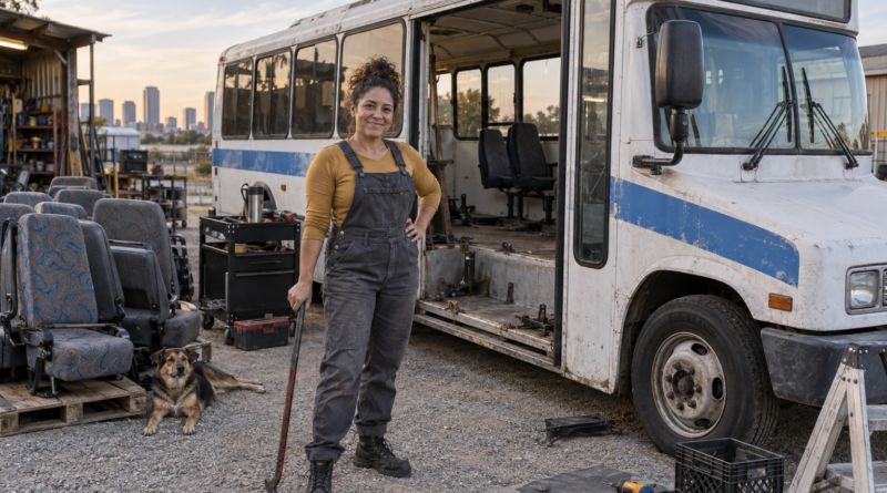 Nina Torres beside the worn airport shuttle at the start of its conversion