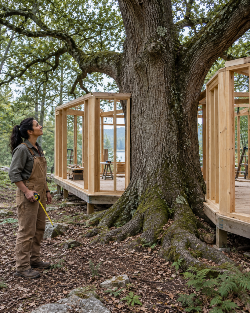 Elena beside the old oak as two tiny cottage wings are framed
