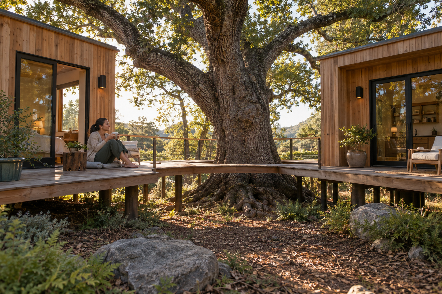 The completed two-wing cottage and open deck wrapping around the oak