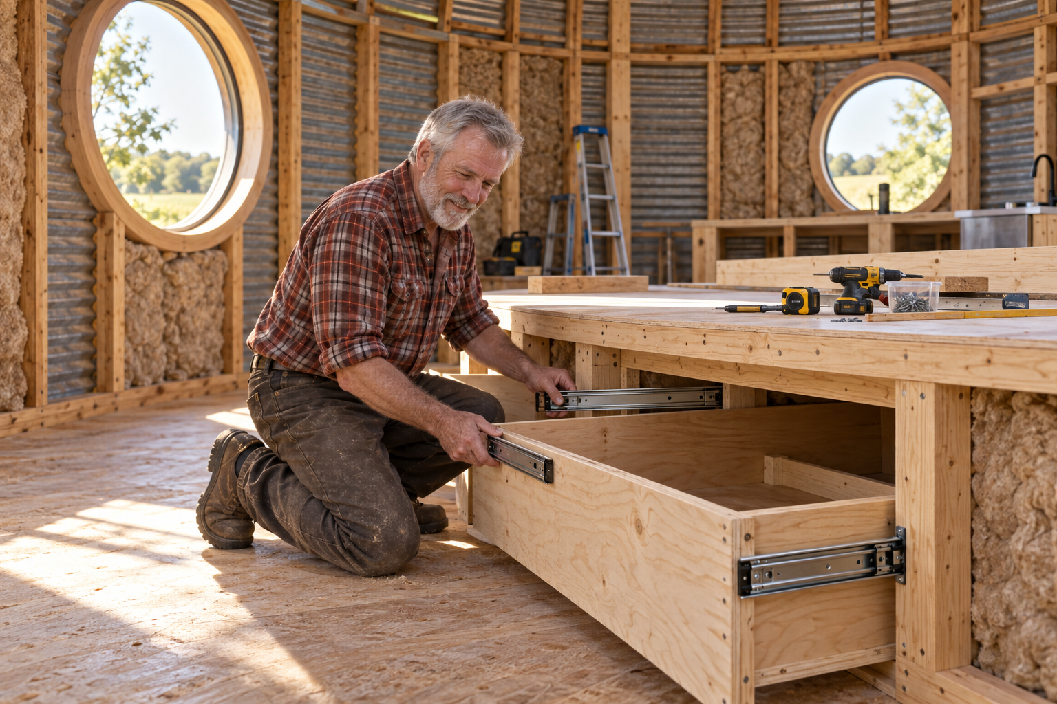 Daniel installing the heavy-duty rails for the hidden bed