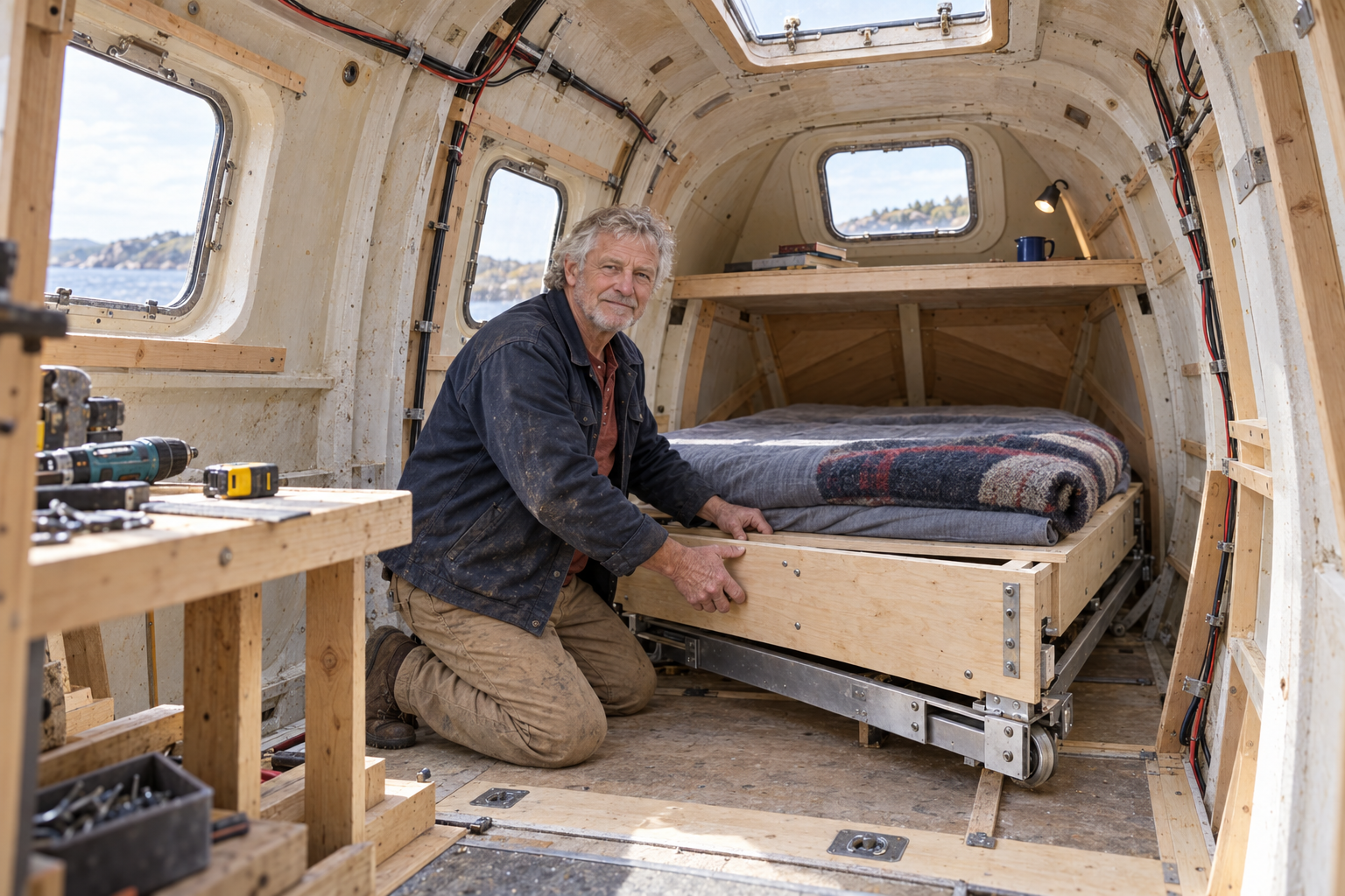 Elias building the rolling bedroom mechanism inside the bow