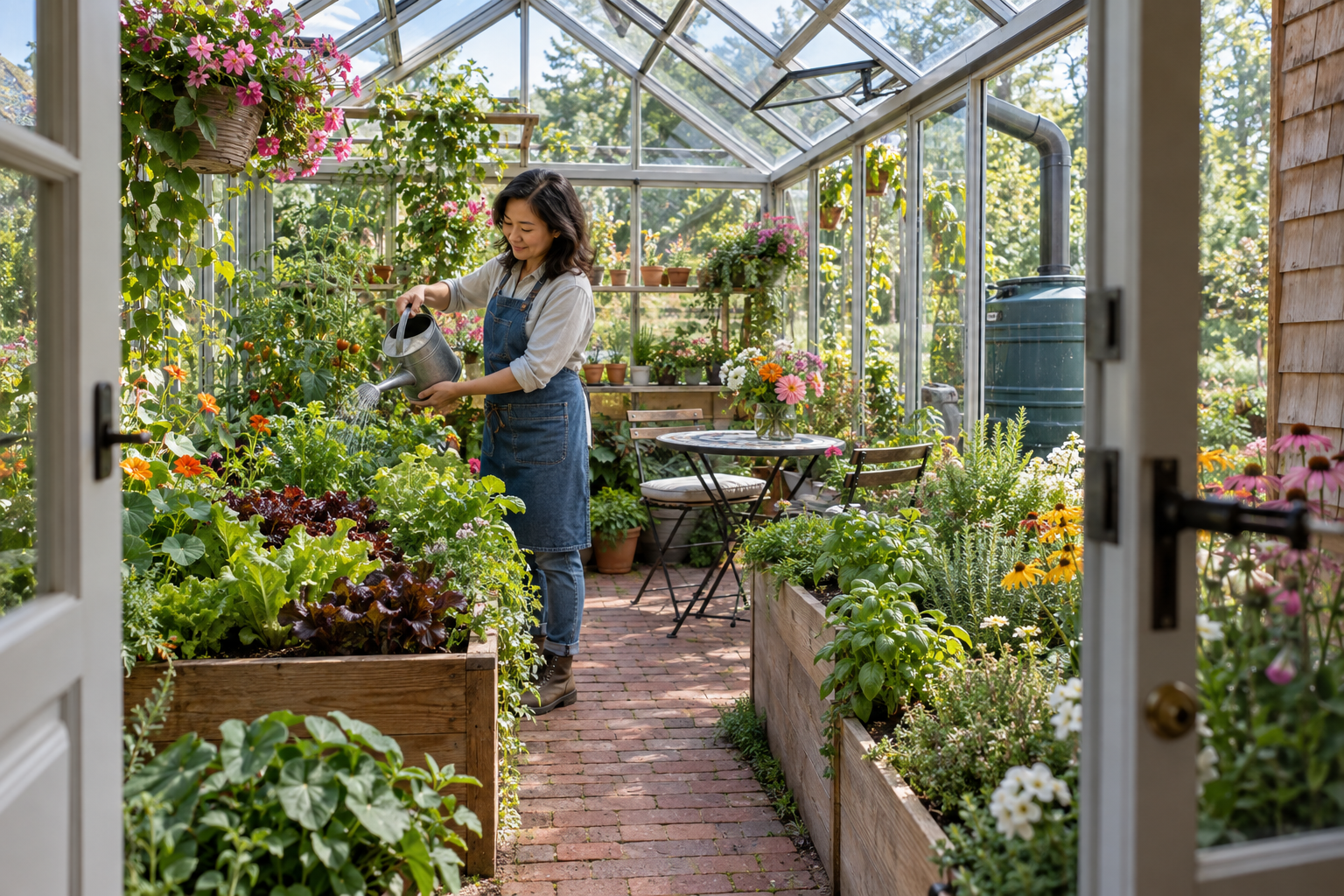 The lush greenhouse behind the cottage's second door