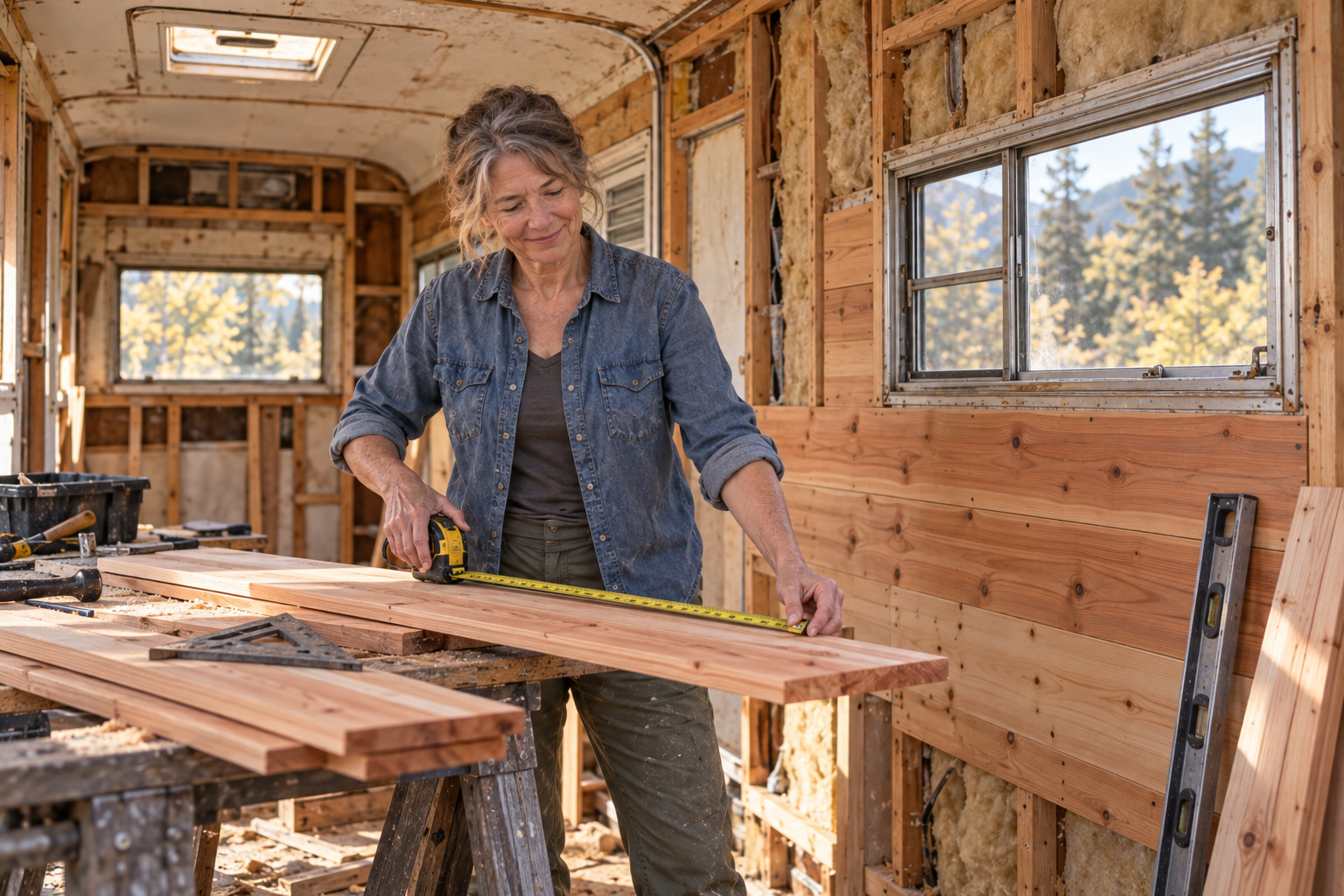 Mara measuring cedar boards inside the stripped trailer