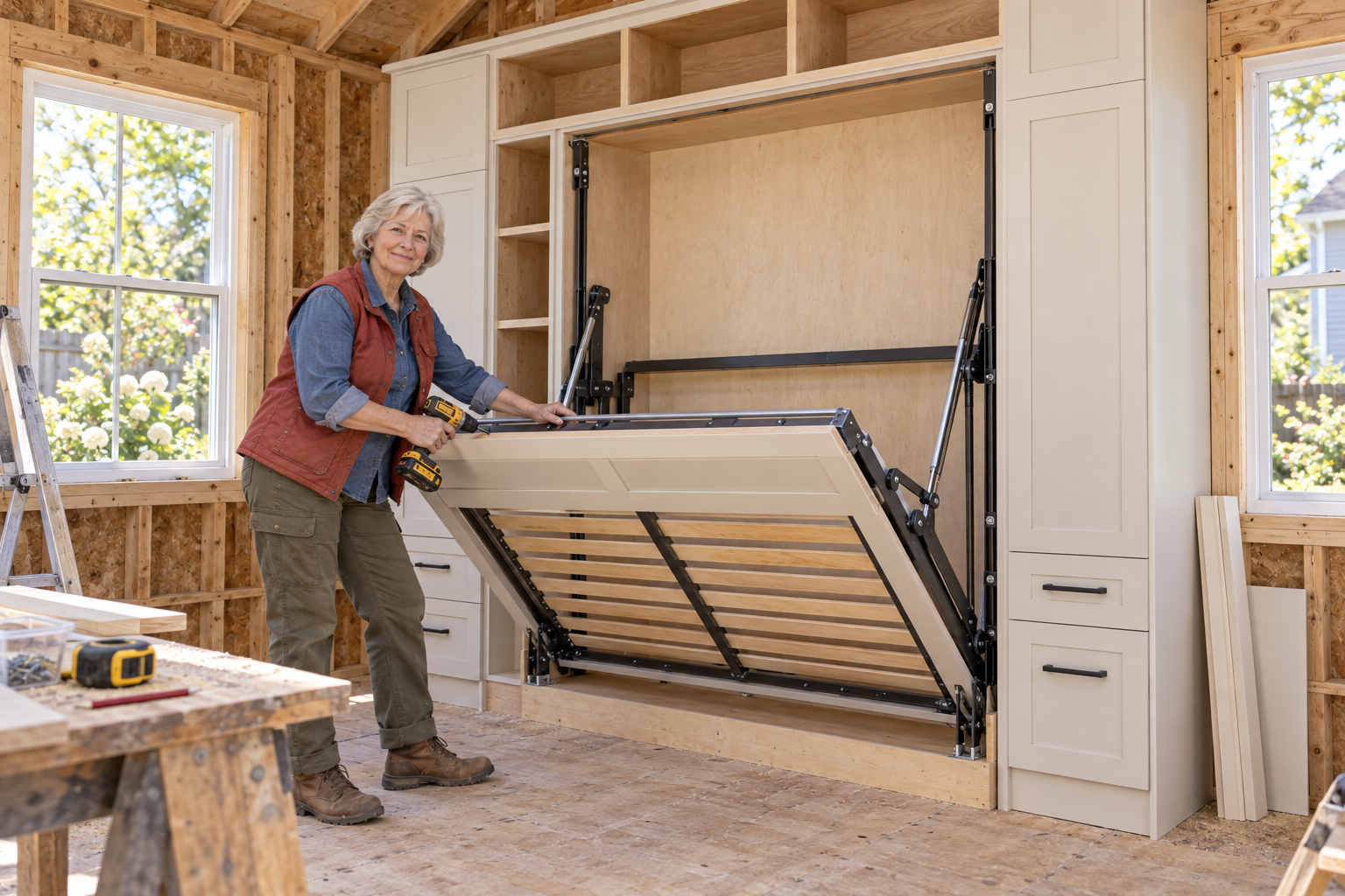 June building the cabinet wall that hides her queen bed