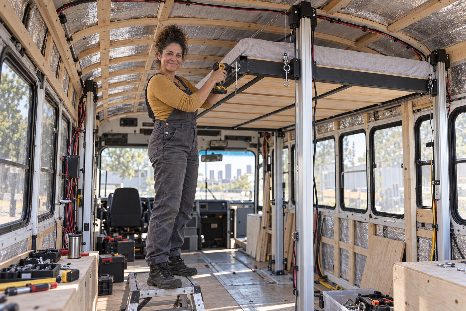 Nina installing the guided ceiling-bed mechanism