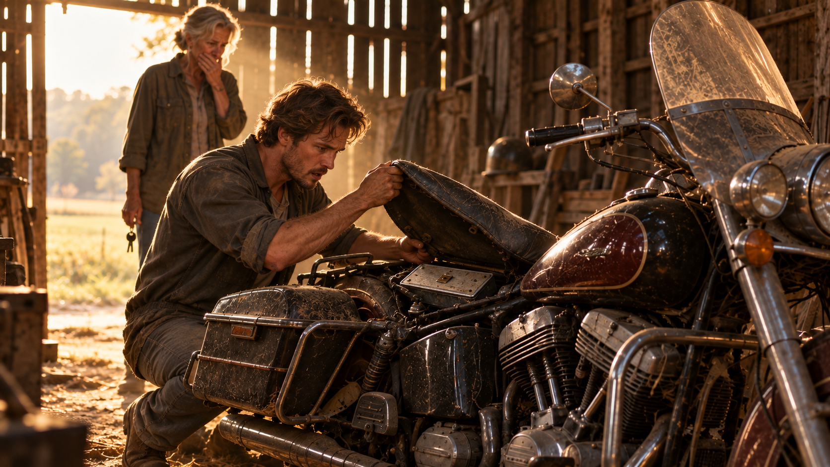 The mechanic discovers a hidden compartment beneath the motorcycle seat