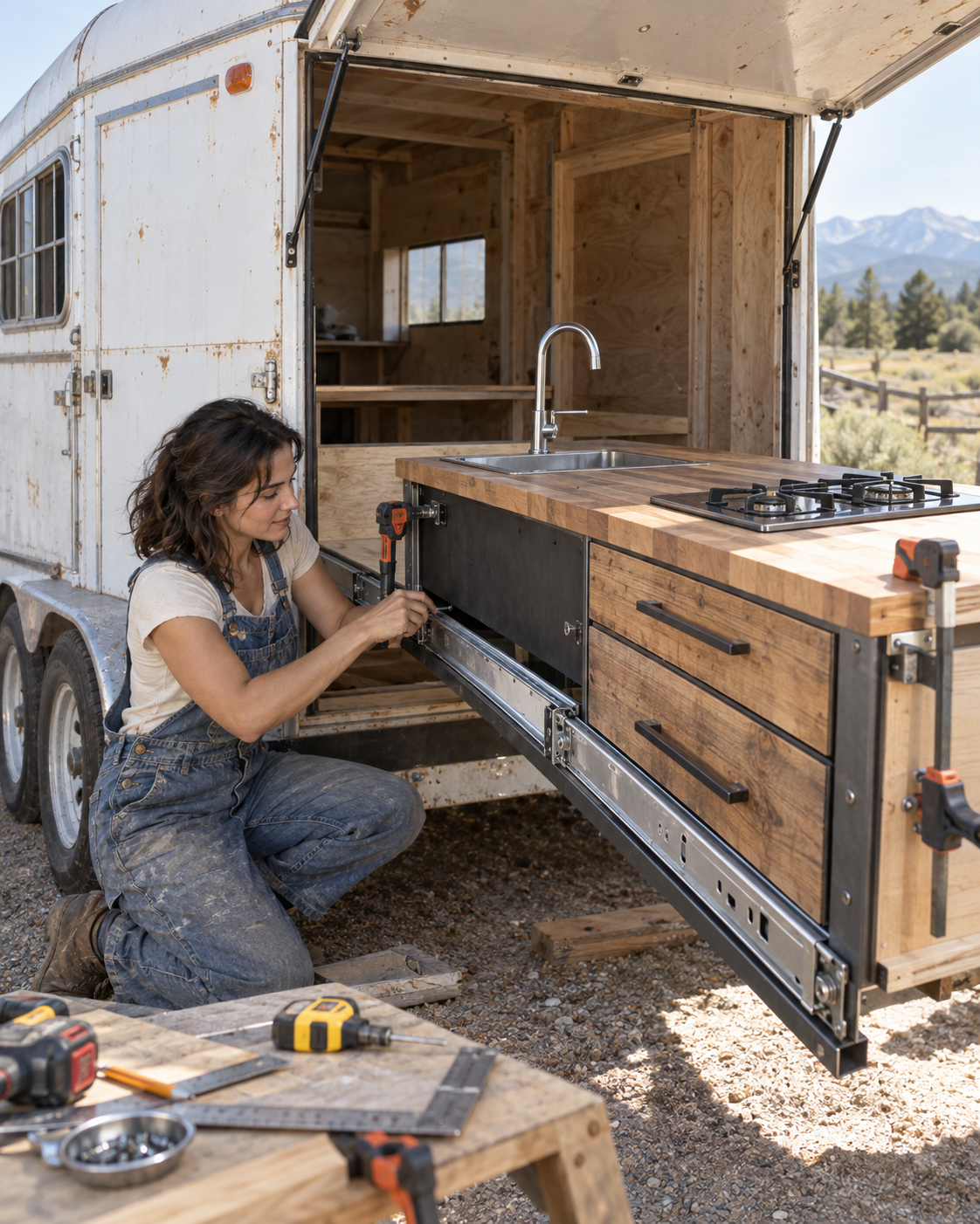 Tessa installing the sliding outdoor kitchen during construction