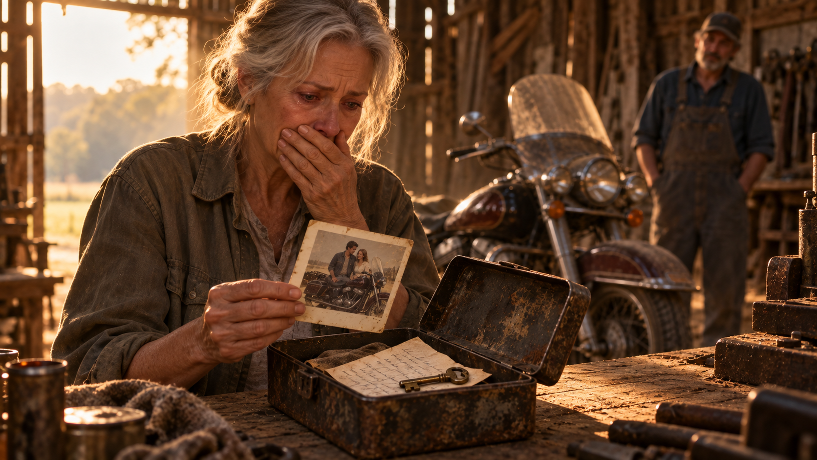 Ellen opens the box hidden beneath the motorcycle seat