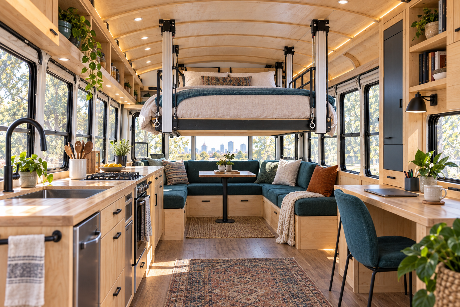The completed bus interior with the queen bed descending above the lounge