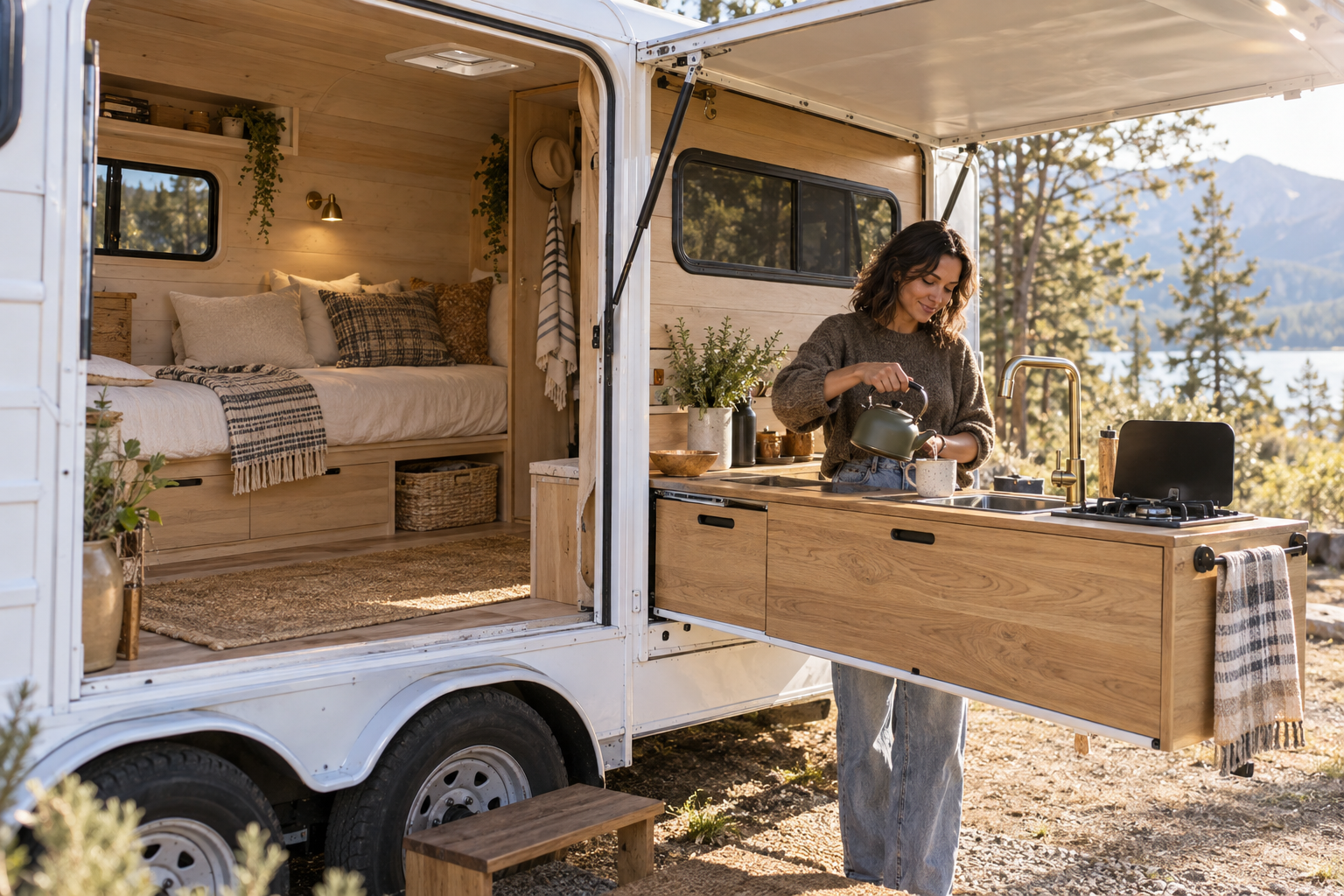 The completed trailer with its kitchen extended outdoors