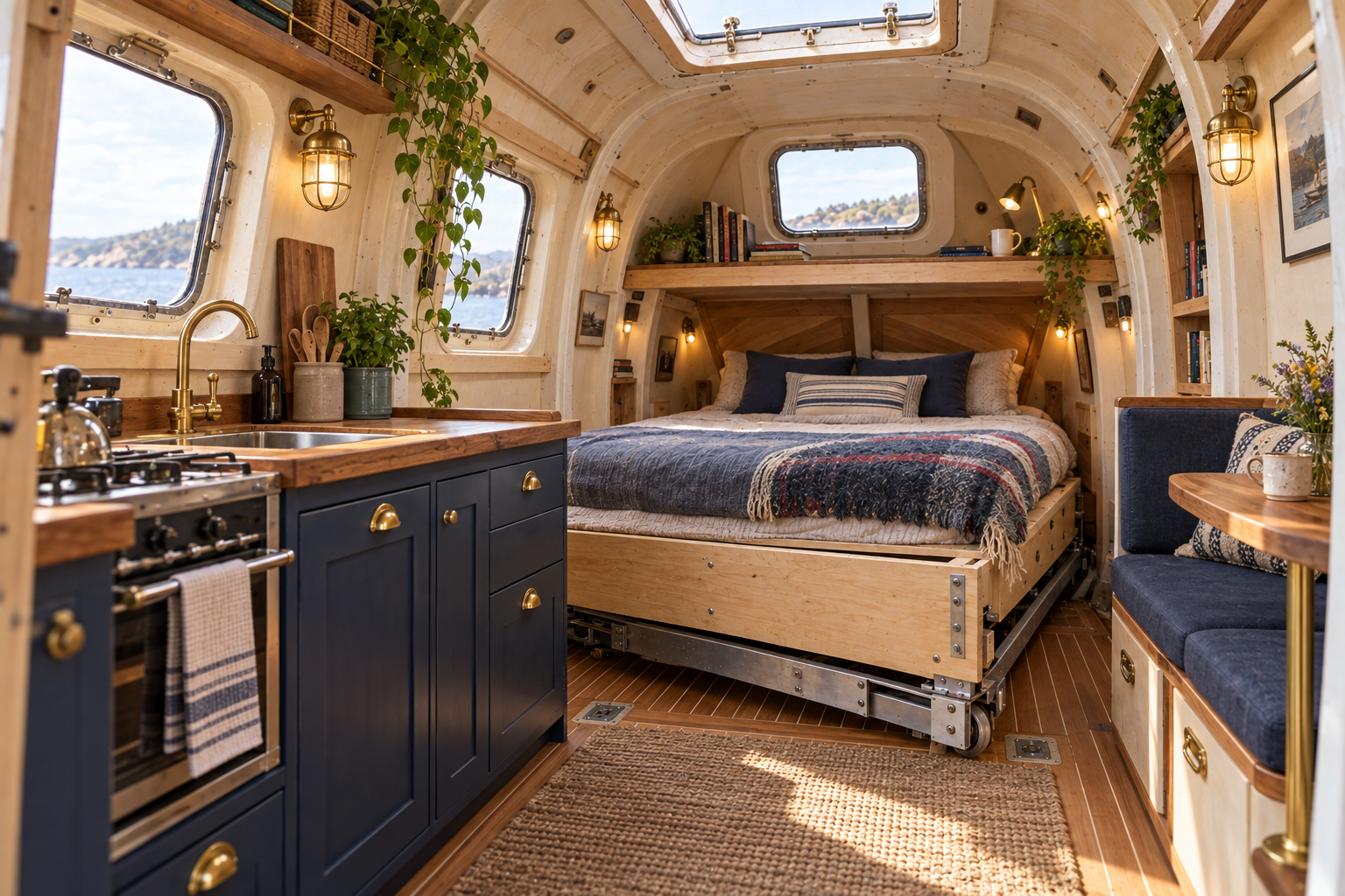 The finished lifeboat interior with its hidden bow bed extended