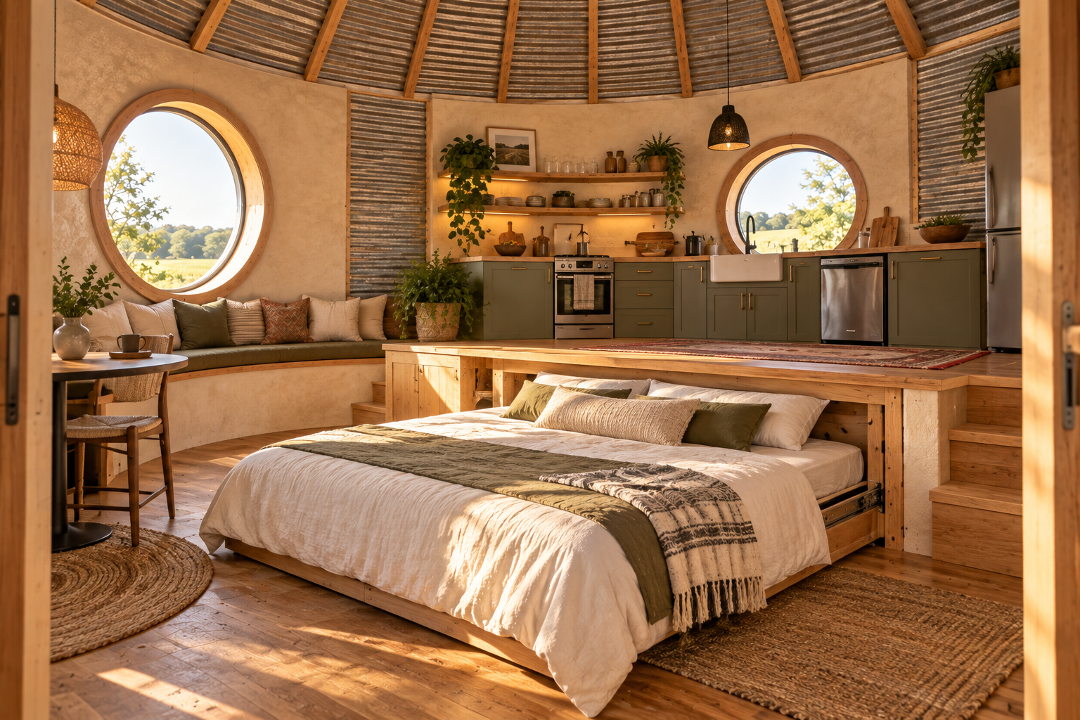 The finished grain silo interior with the bed pulled from beneath the kitchen