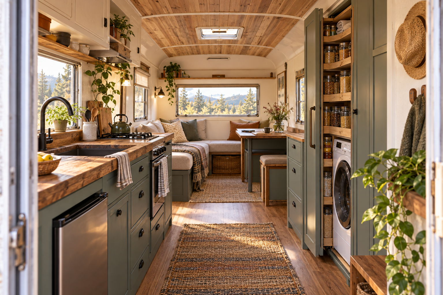 The finished interior with its compact kitchen and concealed laundry wall