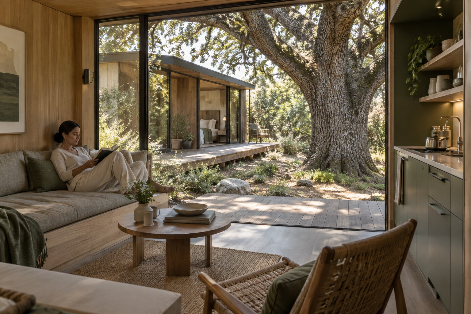 Elena reading in the cedar-lined living room with the oak beyond the glass