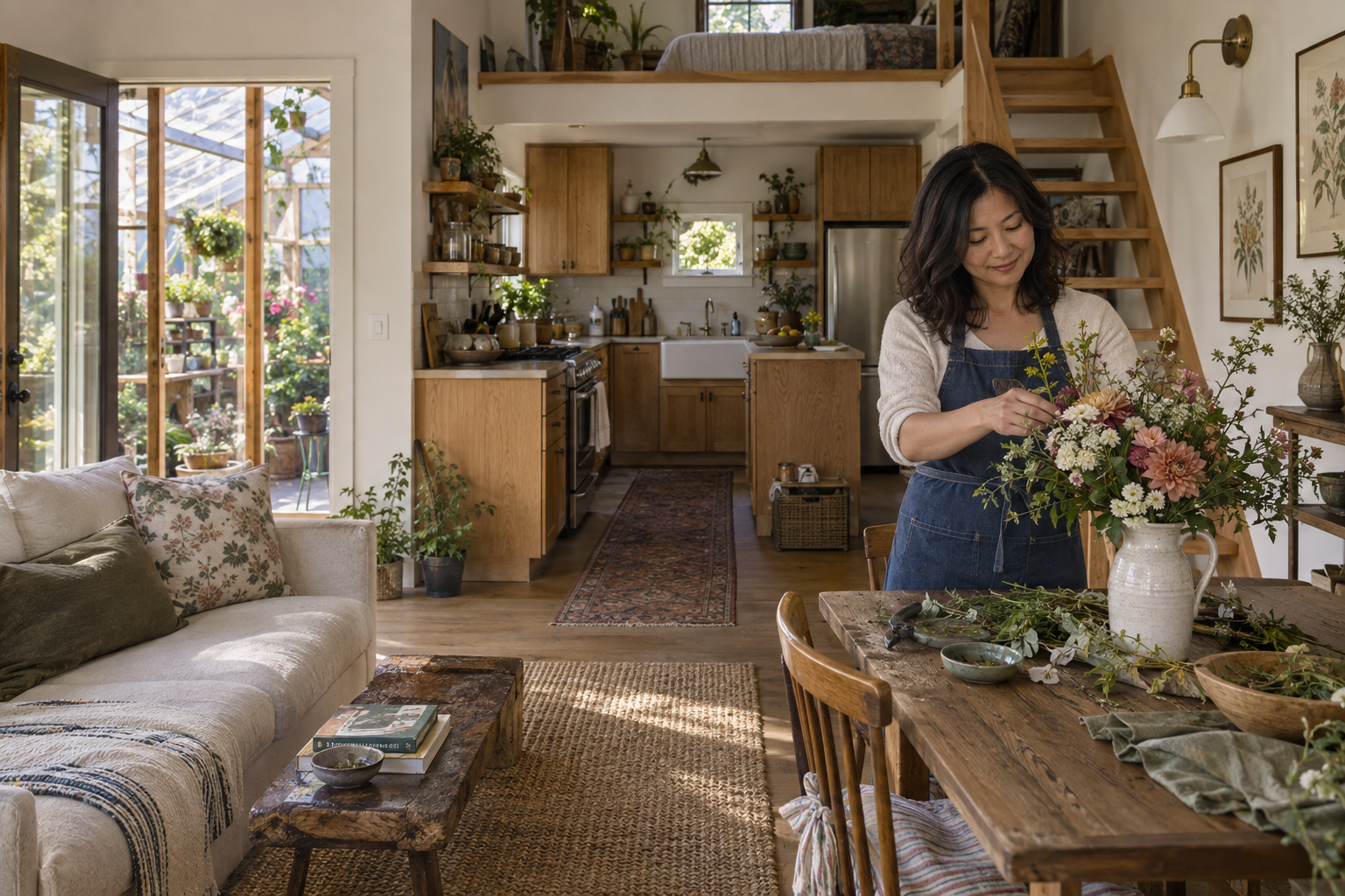 Nora arranging flowers in the cottage beside the greenhouse doorway