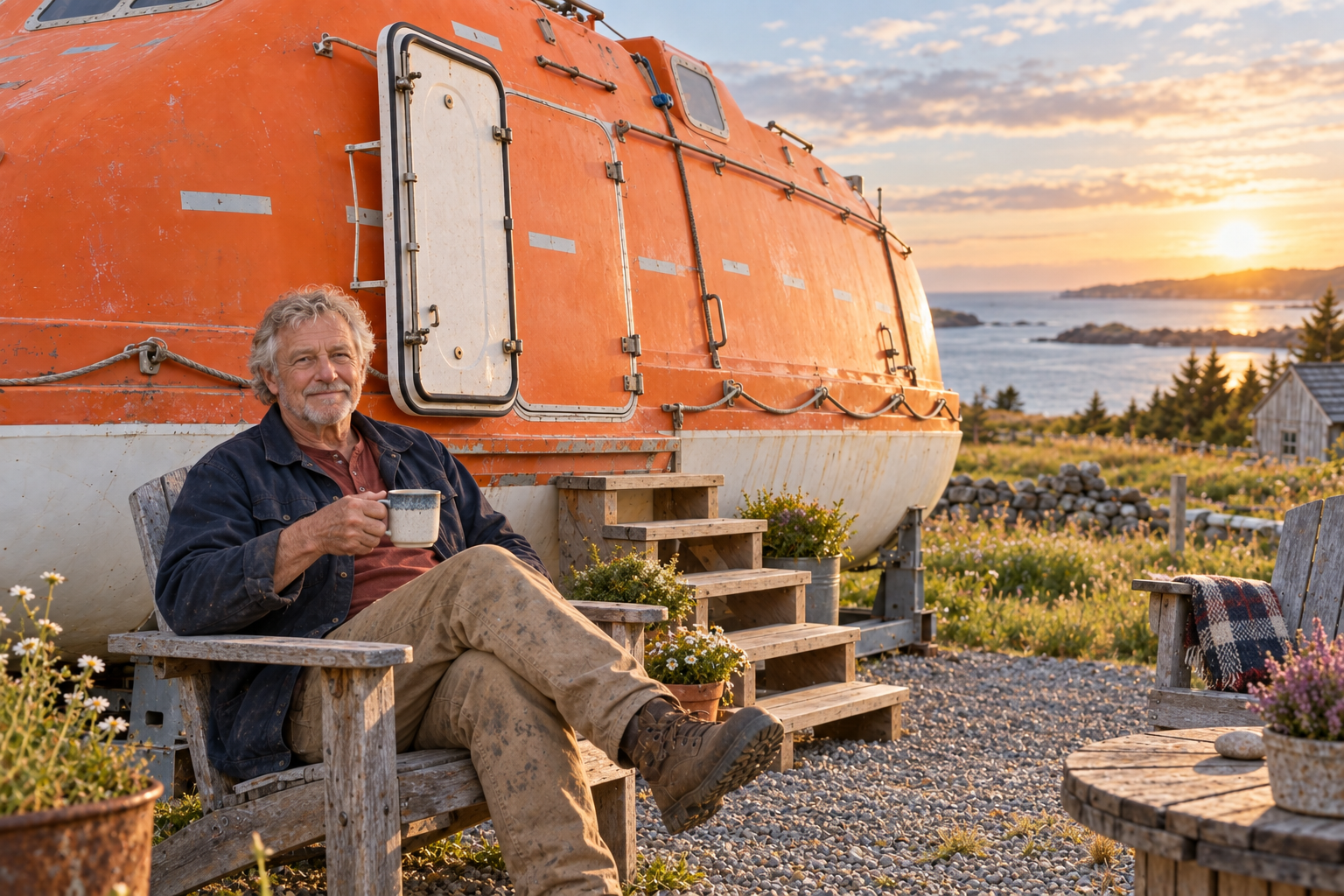 Elias enjoying coffee outside the completed lifeboat home