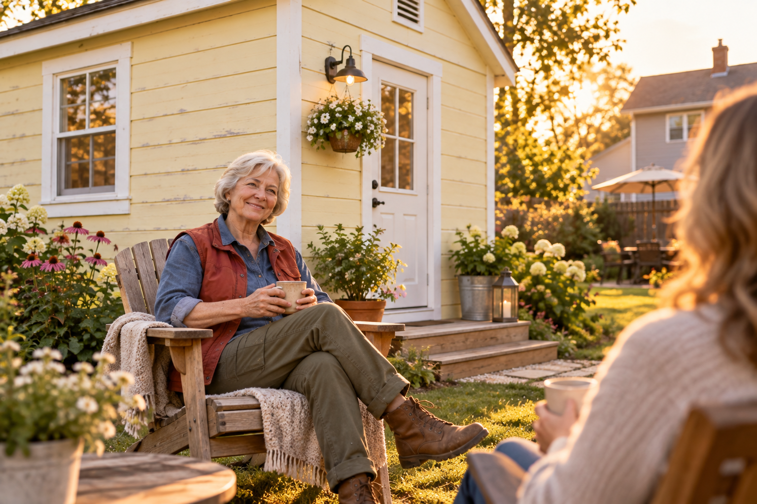 June enjoying coffee outside the cottage behind her daughter's home