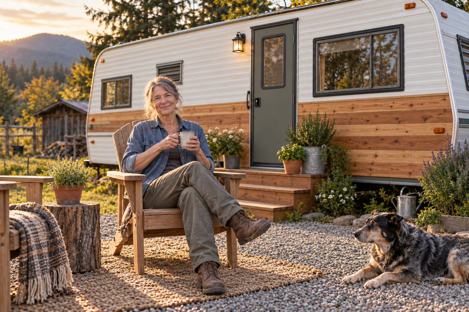 Mara enjoying morning coffee outside the finished trailer home