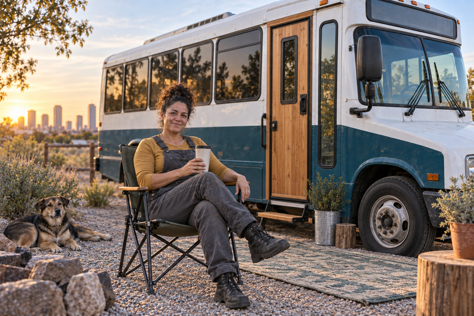 Nina drinking coffee outside the completed shuttle-bus home