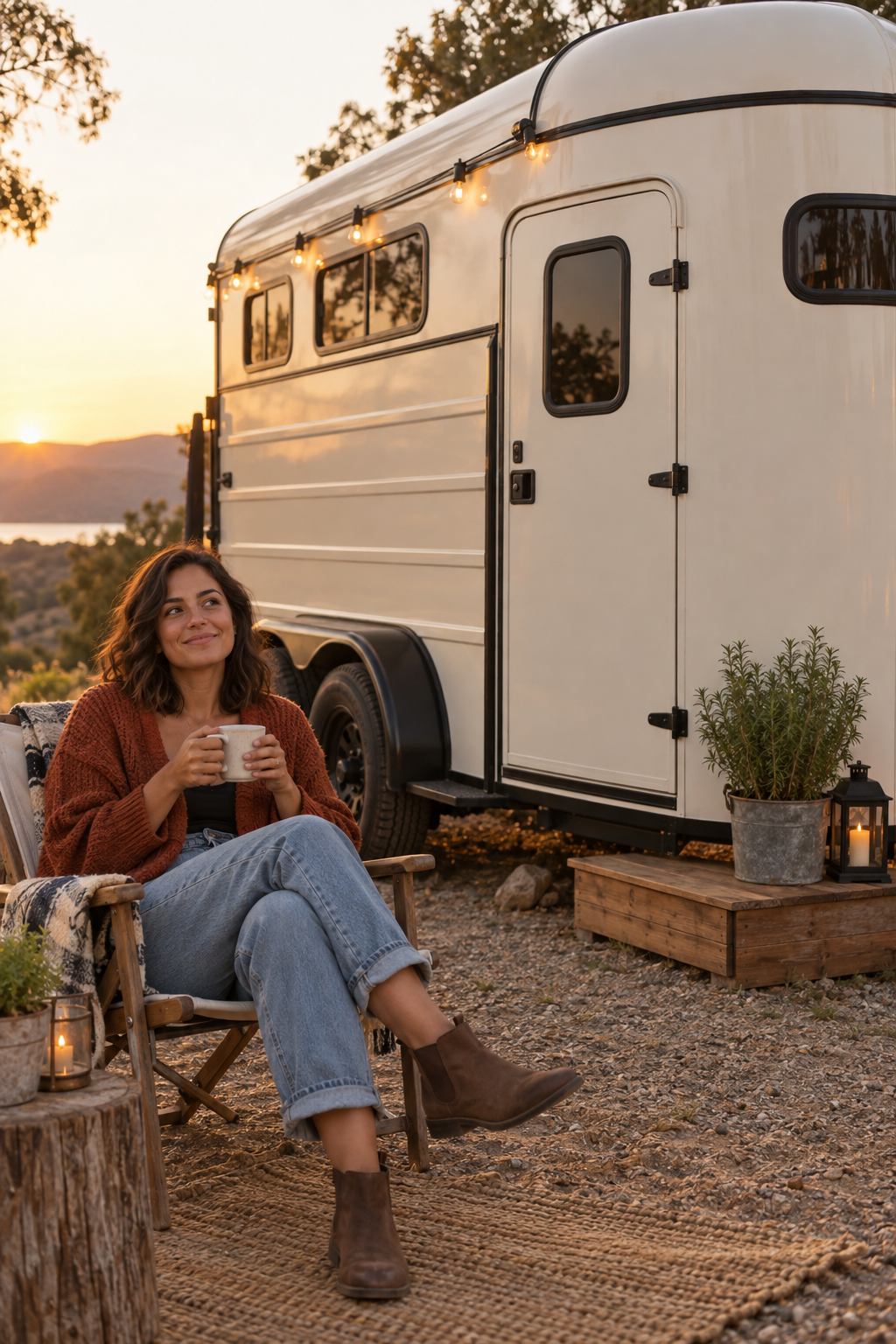 Tessa relaxing beside the completed trailer with every hatch closed